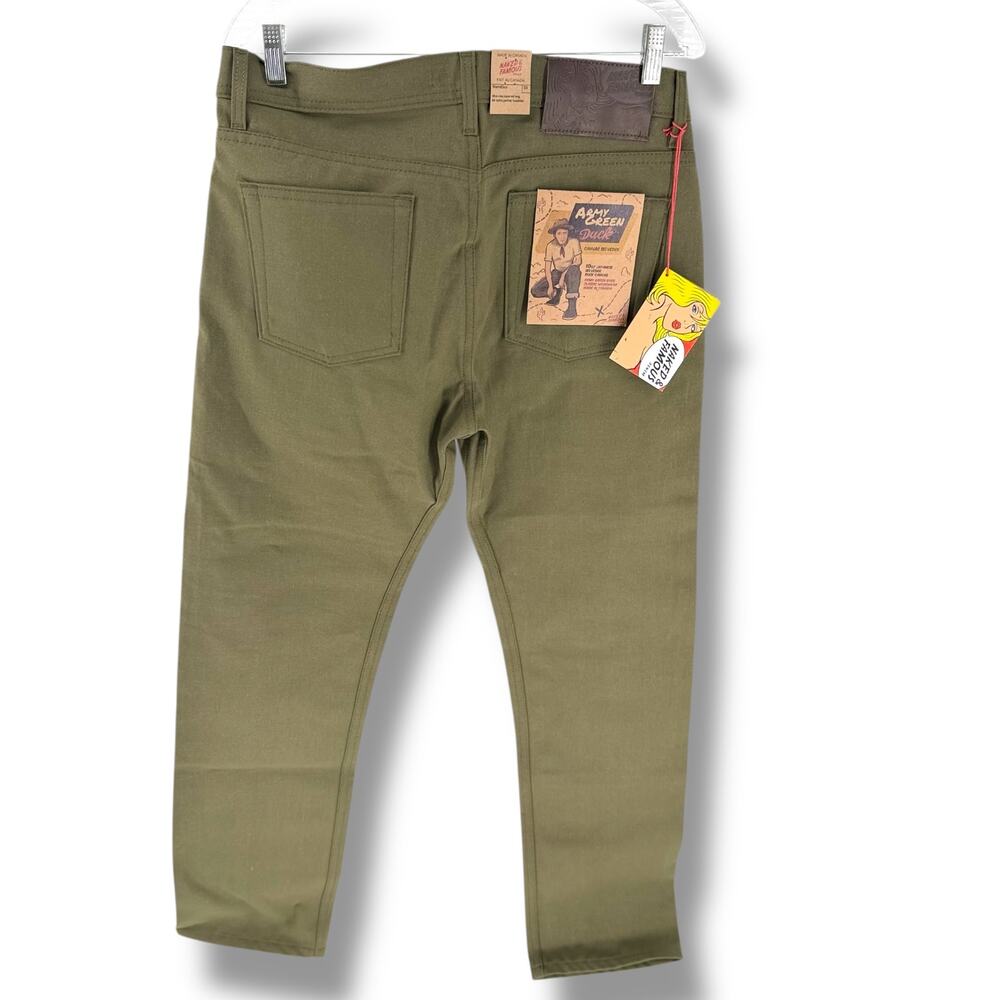 Naked Famous Weird Guy Jeans Mens 33 Army Green Duck Selvedge NWT Workwear Japan